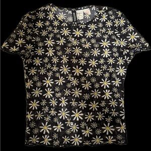 Black Daisy Print Mesh Top